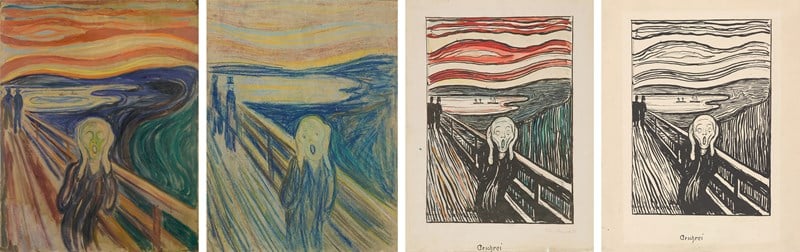 4 av museets 8 versjoner av Edvard Munchs Skrik: Maleri med tempera og olje på ugrundert papp, sannsynligvis fra 1910, tegningversjon fra 1893 og 2 av museets 6 litografier fra 1895, den til venstre i håndkolorert versjon. Foto © Munchmuseet