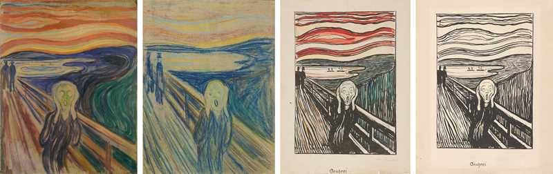 4 av museets 8 versjoner av Edvard Munchs Skrik: Maleri med tempera og olje på ugrundert papp, sannsynligvis fra 1910, tegningversjon fra 1893 og 2 av museets 6 litografier fra 1895, den til venstre i håndkolorert versjon. Foto © Munchmuseet