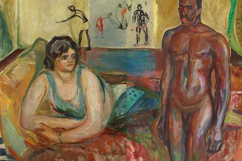 Edvard Munch: Cleopatra and the Slave, 1916. A pale-skinned woman lies on her side, looking toward a naked dark-skinned man who stands beside her. Painting