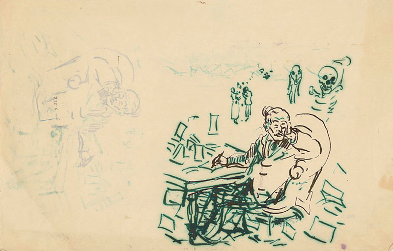 Edvard Munch sits, visibly exasperated, at his writing desk surrounded by a chaos of letters. Hectography.