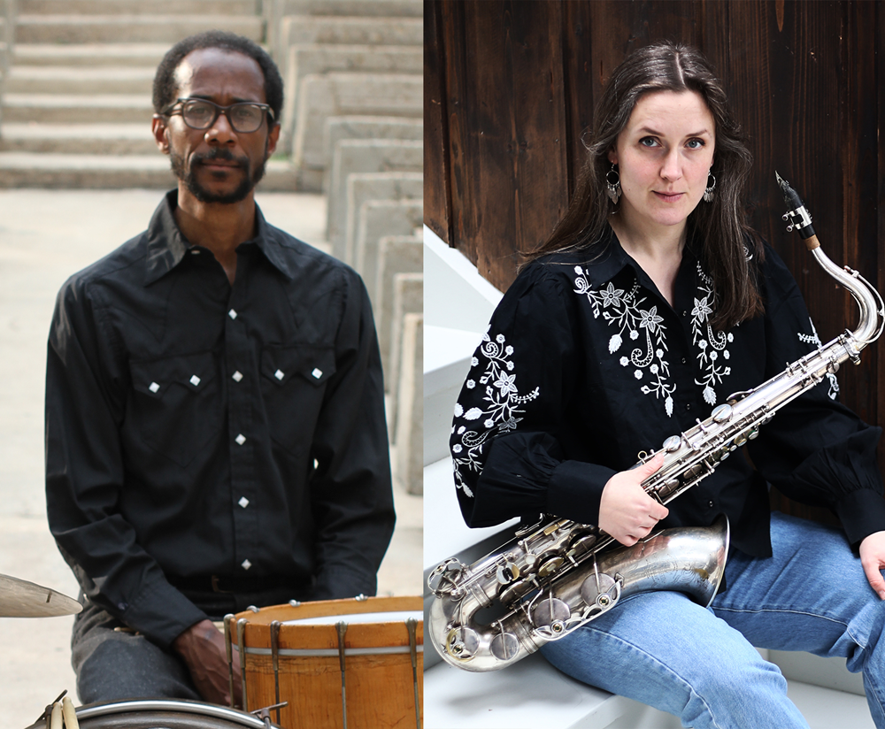 Bilde av to jazzmusikere i kollasj. En mann med trommer og en kvinne med saksofon.