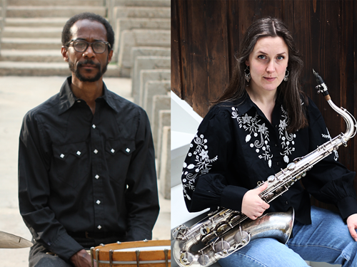 Bilde av to jazzmusikere i kollasj. En mann med trommer og en kvinne med saksofon.