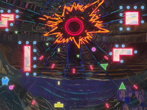 Bilde tatt fra dataspillet Munch Arcade. Du ser maleriet Solen i bakgrunnen og tetrisbrikker som daler nedover i forkant. Grafikk