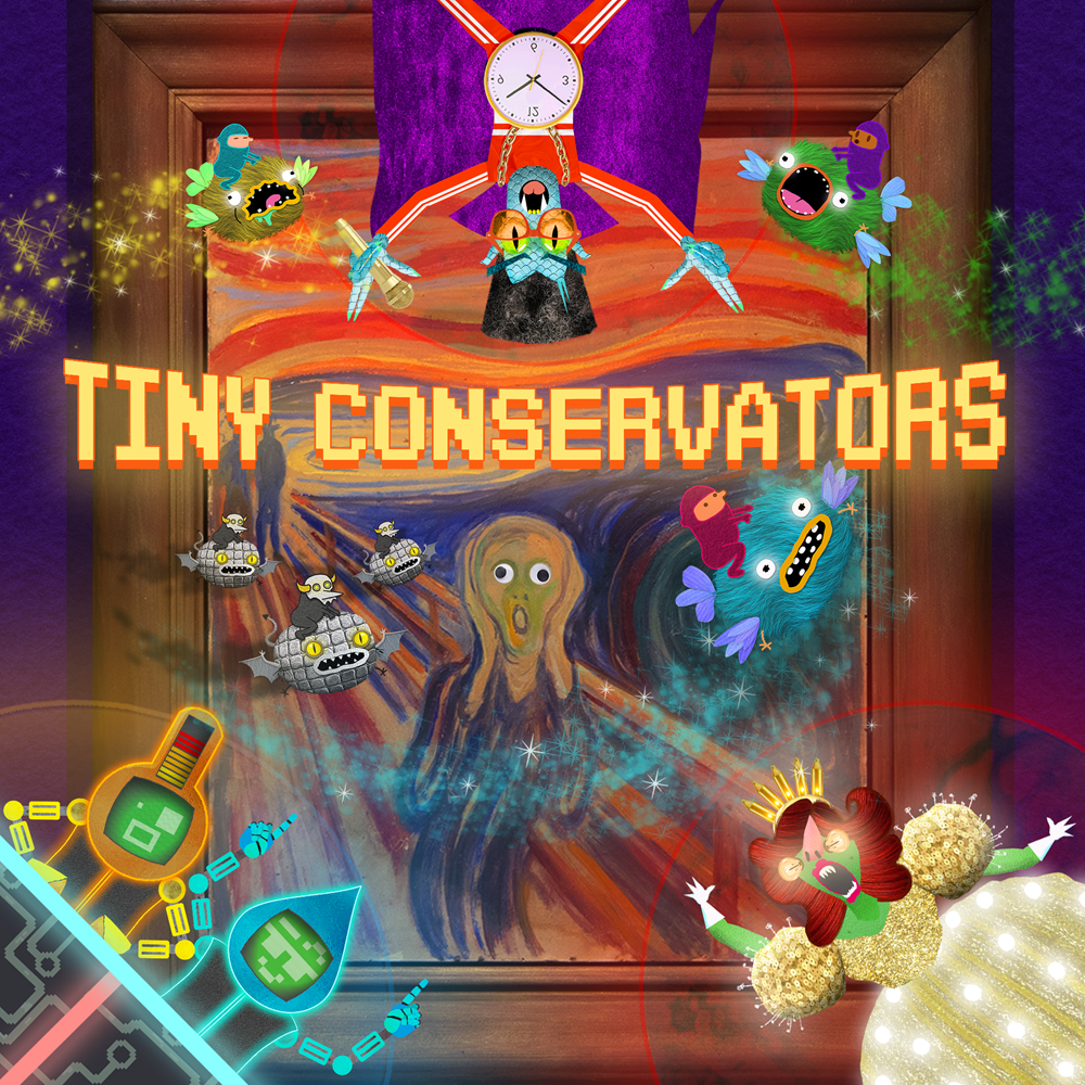 Illustrasjon fra spillet Tiny Conservators der du ser maleriet Skrik og rundt på alle kanter ser du kreftene som forsøker å ødelegge maleriet og kreftene som forsøker å redde det.Illustrasjon