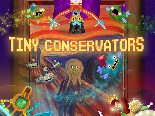 Illustrasjon fra spillet Tiny Conservators der du ser maleriet Skrik og rundt på alle kanter ser du kreftene som forsøker å ødelegge maleriet og kreftene som forsøker å redde det.Illustrasjon