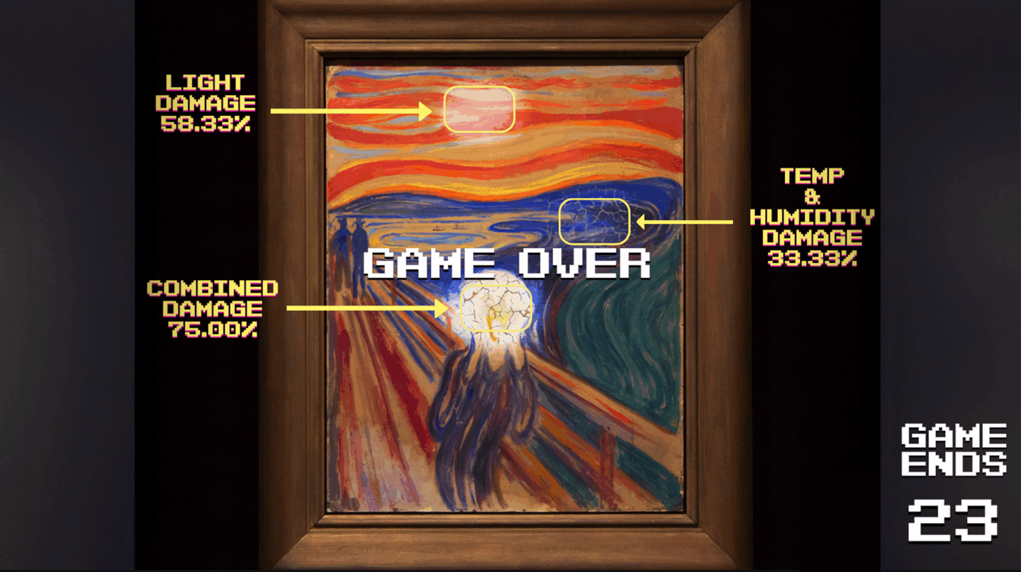Skjermbilde fra spillet Tiny Conservators der det står Game over og man ser at maleriet har fått for mange skader. Skjermbilde