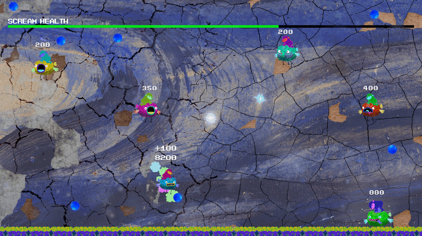Skjermbilde fra spillet Tiny Conservators som viser et lite utsnitt av maleriet Skrik og flere flyvende figurer som jobber for å bevare maleriet. Skjermbilde