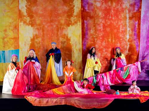 Fargerike stoffer henger ned i bakgrunnen og ligger drapert i forkant. Fem voksne og tre barn sitter og står inne stoffene. Foto