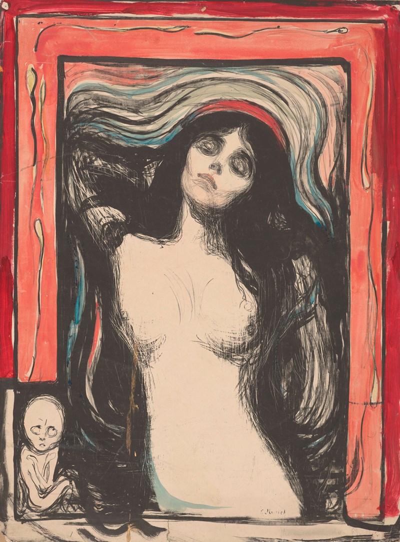 Naken, mørkhåret kvinne med rød lue som glorie står med hånden i håret. Hun er omgitt av en rød dekorativ ramme med motiv av foster og sædceller.