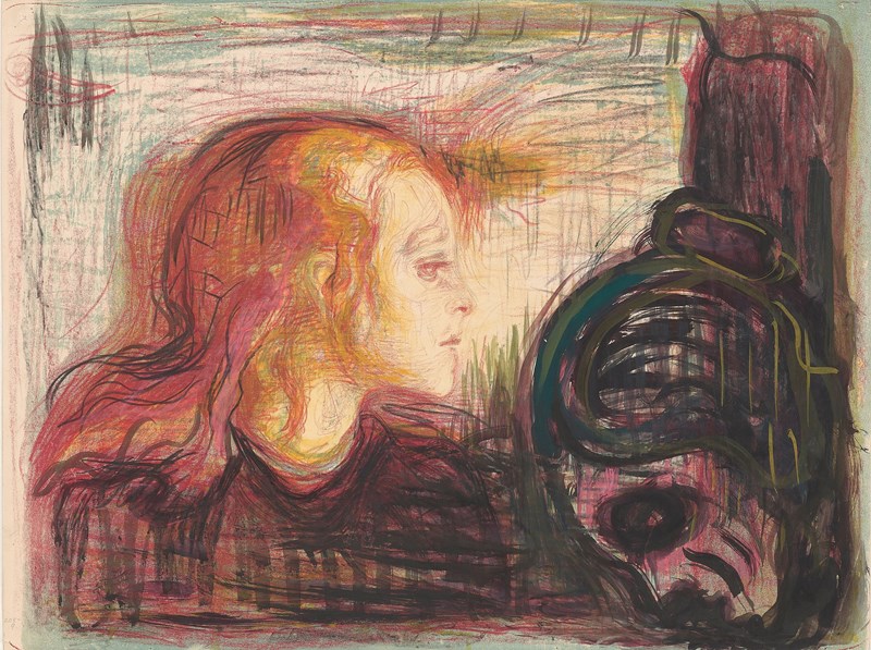 Nærbilde av et sykt barn i oransje og gule toner. Ved siden av vises et skjelettaktig kvinneansikt i profil med mørke øyne og rynkete, lilla kinn.