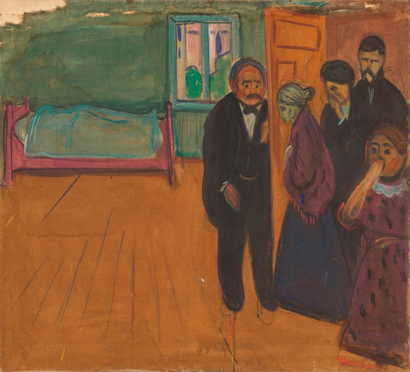 Et nakent rom med seng og vindu. En kropp skimtes under dynen. Fem mørkkledde personer står ved døren; en ung pike holder seg for nesen i avsky.