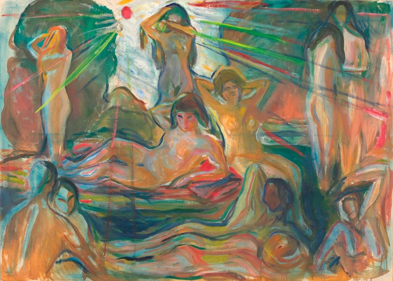 Elleve nakne mennesker i ulike positurer under en liten rød sol. Figurene smelter sammen med landskapet, malt med buede penselstrøk og trær i bakgrunnen.