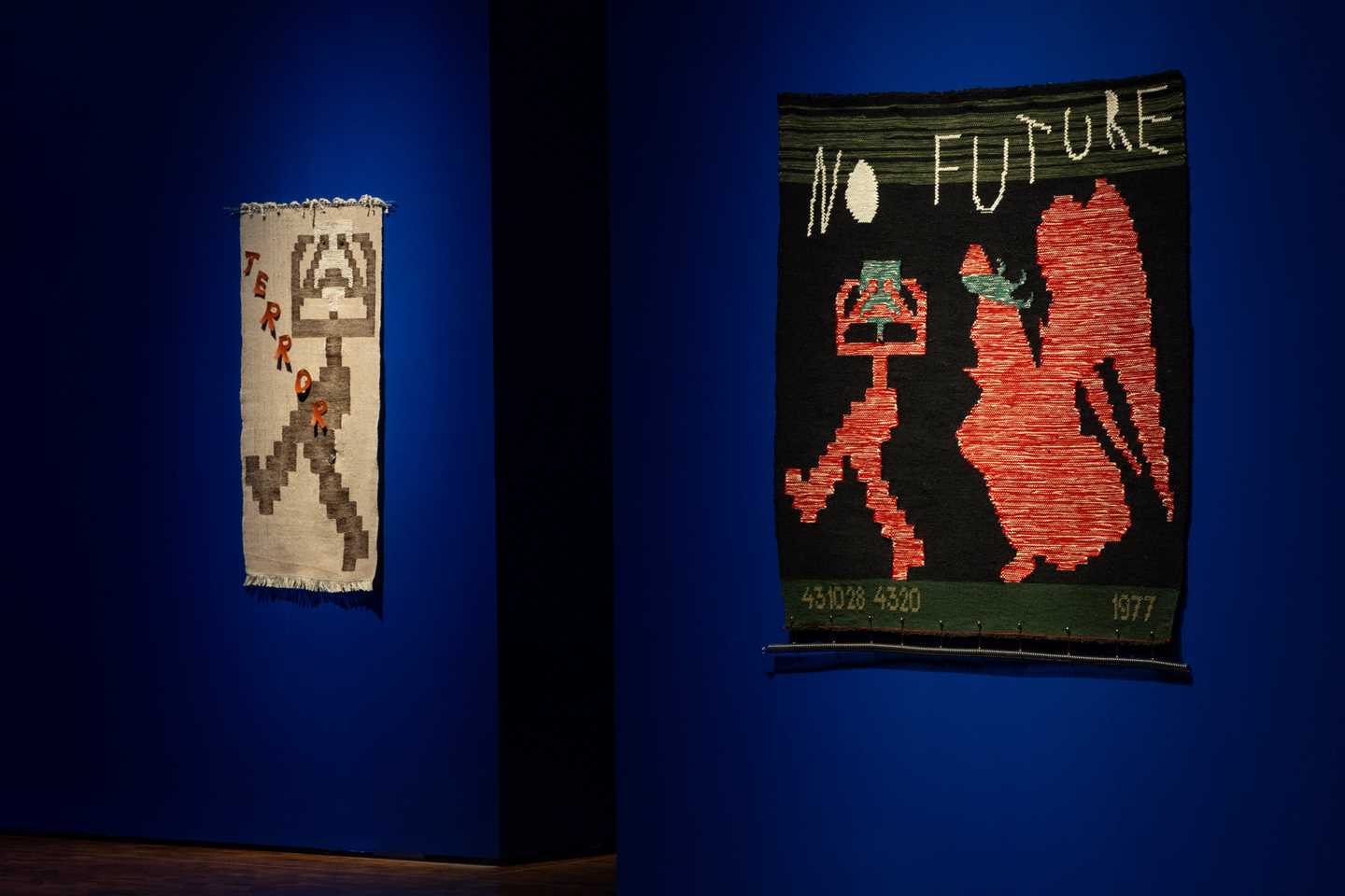 Two of Charlotte Johannessons textile works; Terror and No Future. Photography