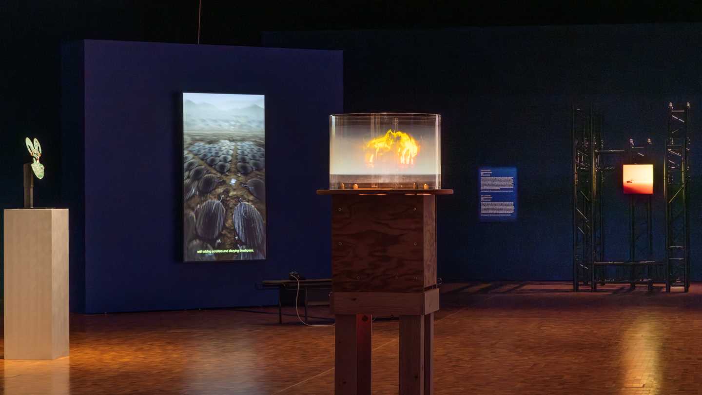 A section of the exhibition hall for MUNCH Triennale – Almost Unreal, showing four of the works on display. Photograph.