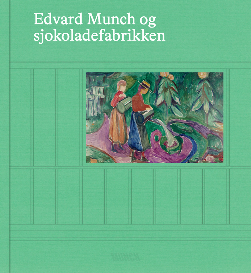 Bokomslaget til Edvard Munch og sjokoladefabrikken. Boken har en lysegrønn farge og maleriet Piker som vanner valmuer er på forsiden. Rundt bildet er det tegnet inn streker som minner om skissene Edvard Munch jobbet med da han skapte verkene. Bokomslag.