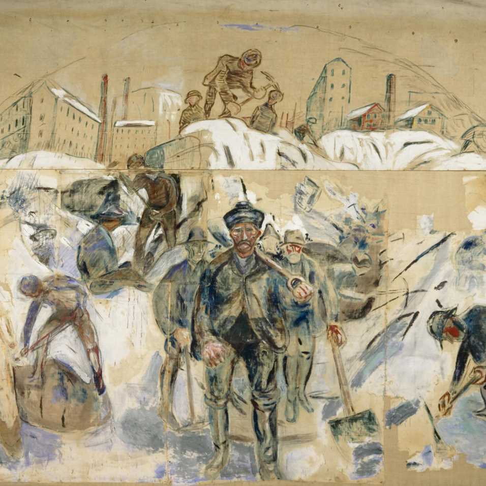 Edvard Munch: Workers on the Building Site. Draft for a Decoration of Oslo City Hall. Oil on unprimed canvas, 1931-1933. Photo © Munchmuseet