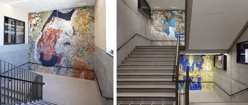 Apichaya Wanthiang, Of all the places I’ve been and have yet to go (2021). Commissioned murals at Ruseløkka Skole, Oslo. Photo by Trond A. Isaksen. Courtesy of the artist and Kulturetaten