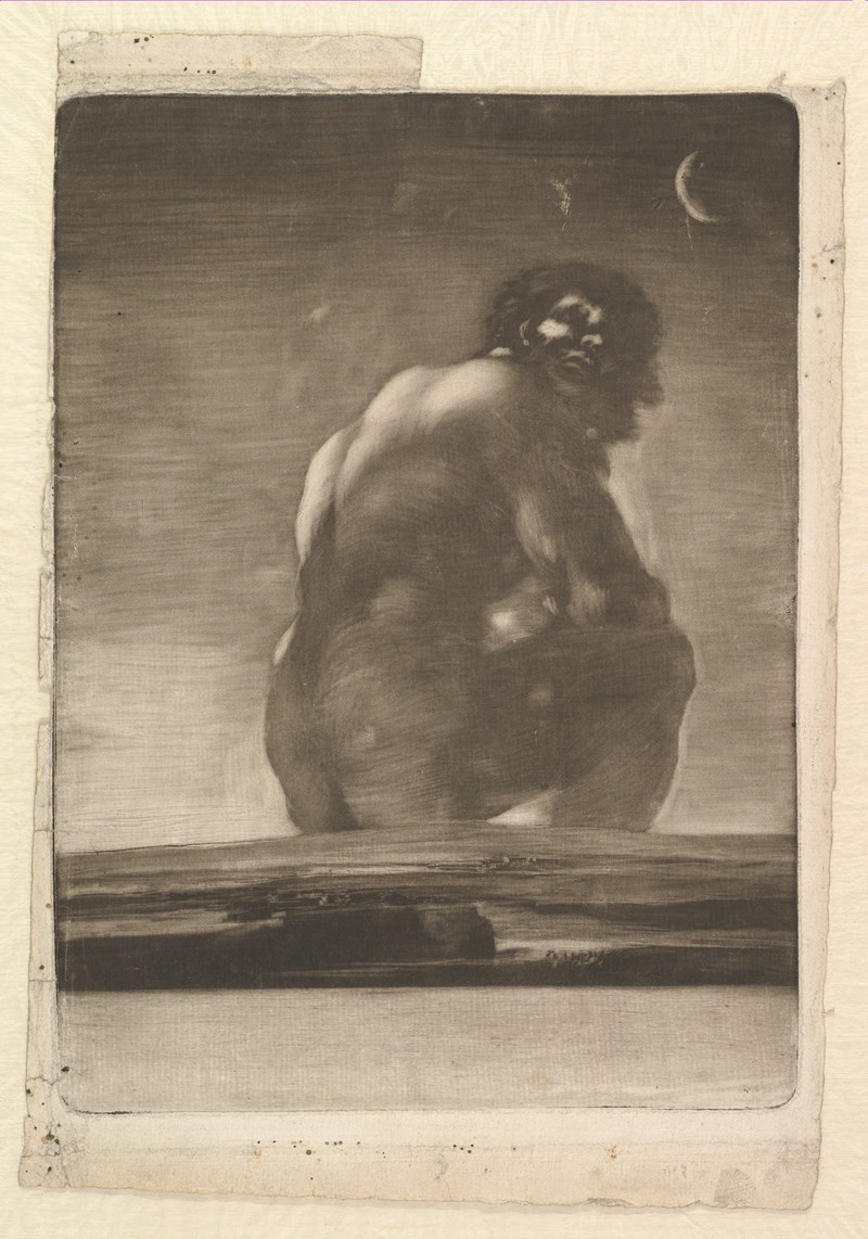 Francisco de Goya, Sittende kjempe, Før 1818 (mulig 1814–18). Akvatint med polérstål, skraper, roulette og lavis.