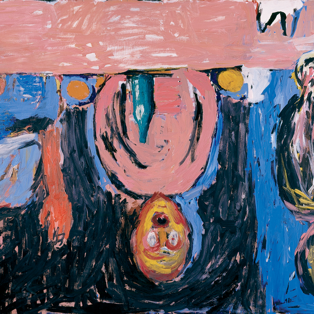 Georg Baselitz: Nattverd i Dresden. Bildet er malt opp ned og fire personer sitter ved et bord.