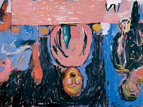 Georg Baselitz: Nattverd i Dresden. Bildet er malt opp ned og fire personer sitter ved et bord.