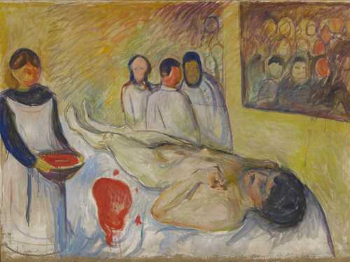 En mann ligger på et operasjonsbord diagonalt i bildet med hodet ned mot høyre hjørne av bildet. På venstre side av bildet ser man en kvinnelig sykepleier med et bekken med blod. Det er også blod på operasjonsbordet og i bakgrunnen av bildet ser man tre leger som står i en gruppe.