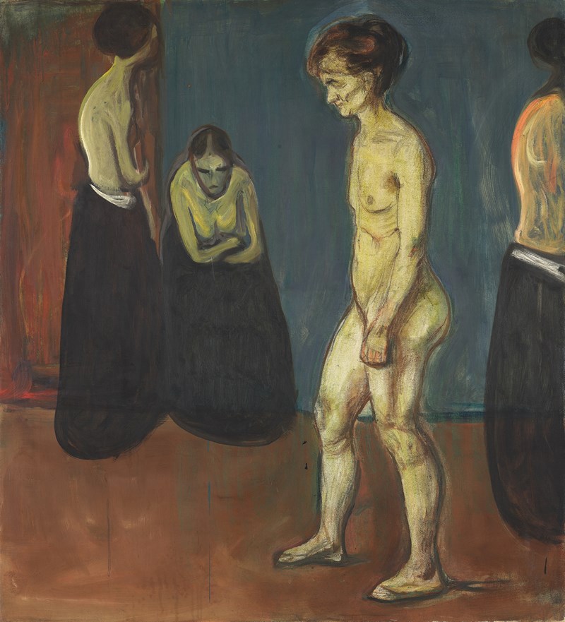 Kvinner på hospitalet: I maleriets forgrunn står en naken eldre kvinne. Hun er vendt mot venstre. Bakgrunnen er blå og brun. I tillegg sees tre andre kvinner, hvorav en sitter. De er kun iført svarte skjørt, ellers uten klær.