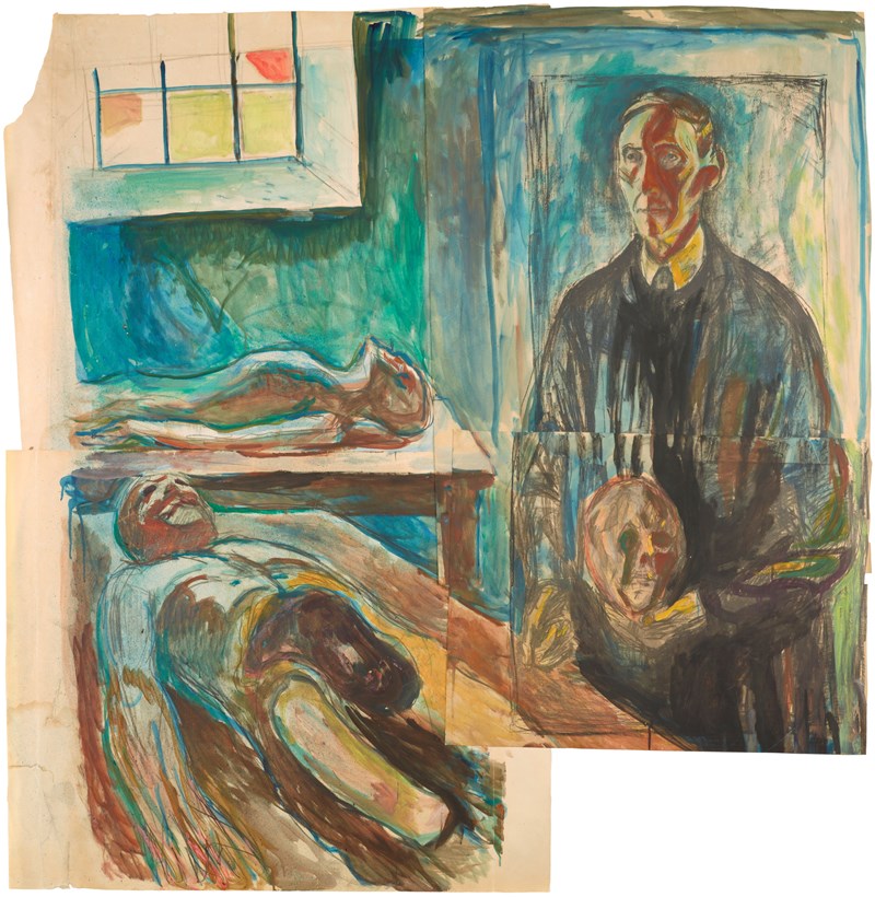 Collage av fire papirark med forskjøvne kanter. Professor Kristian Schreiner står i et blått likhus med et menneskehode i hendene. To lik ligger på bordet foran ham, ett med begge ben amputert. Skyggen dekker halve ansiktet hans.