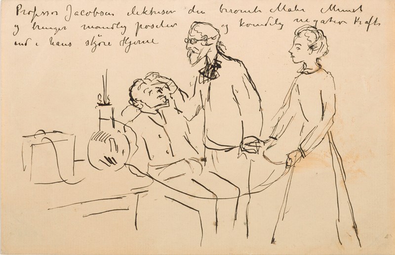 Edvard Munch sitter tilbakelent i en stol mens Dr. Jacobson undersøker pannen hans. En sykepleier står ved siden av. Scenen viser elektrosjokkbehandling på klinikk. Tegning.
