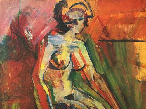 Vi ser en naken kvinne sett fra siden som sitter. Bildet er malt i rød- og grønntoner, som også glir over i gult og blått.