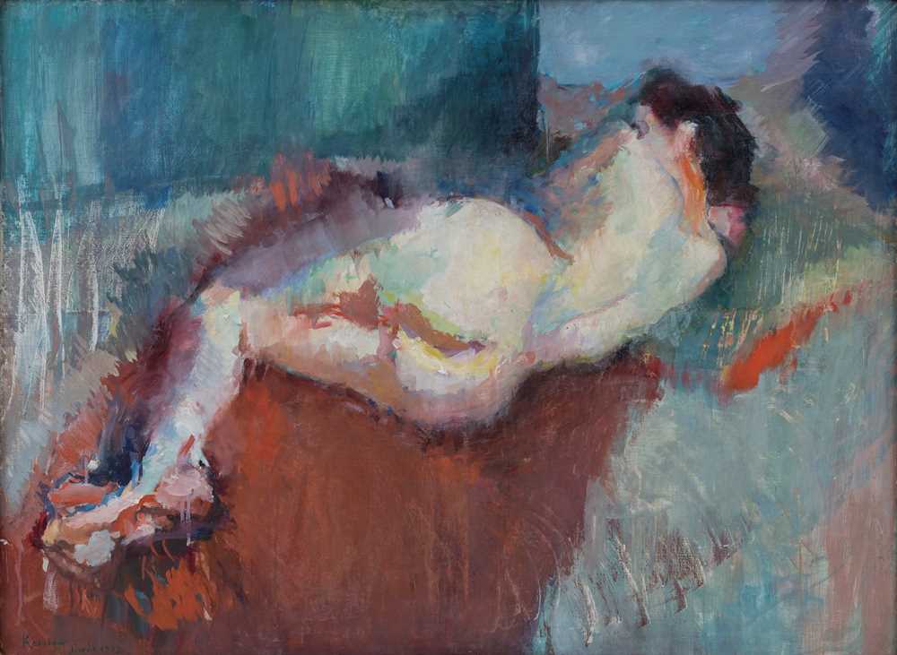 En kvinne ligger på siden med ryggen mot oss. Hun ligger diagonalt i bildet og har føttene nede i venstre hjørne og hodet oppe i høyre hjørne. Maleri
