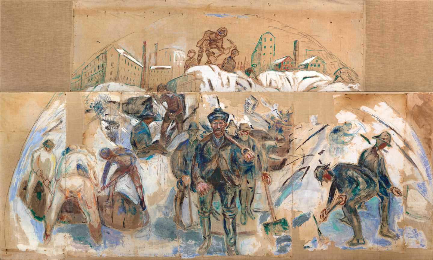 Arbeidere jobber hardt fysisk i et snødekket bymiljø der fabrikker, blokker og hus vokser opp bak dem. Maleri