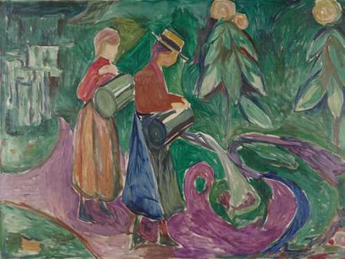 Two girls wearing skirts and red tops stand with large watering cans, watering flowers. One of them wears a straw hat with a brim and a black ribbon. The ground beneath them is fuchsia-coloured, and green trees are visible in the background. Painting.