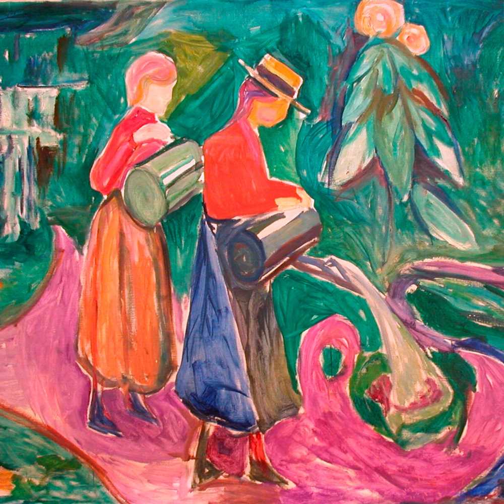 Two girls wearing skirts and red tops stand with large watering cans, watering flowers. One of them wears a straw hat with a brim and a black ribbon. The ground beneath them is fuchsia-coloured, and green trees are visible in the background. Painting.