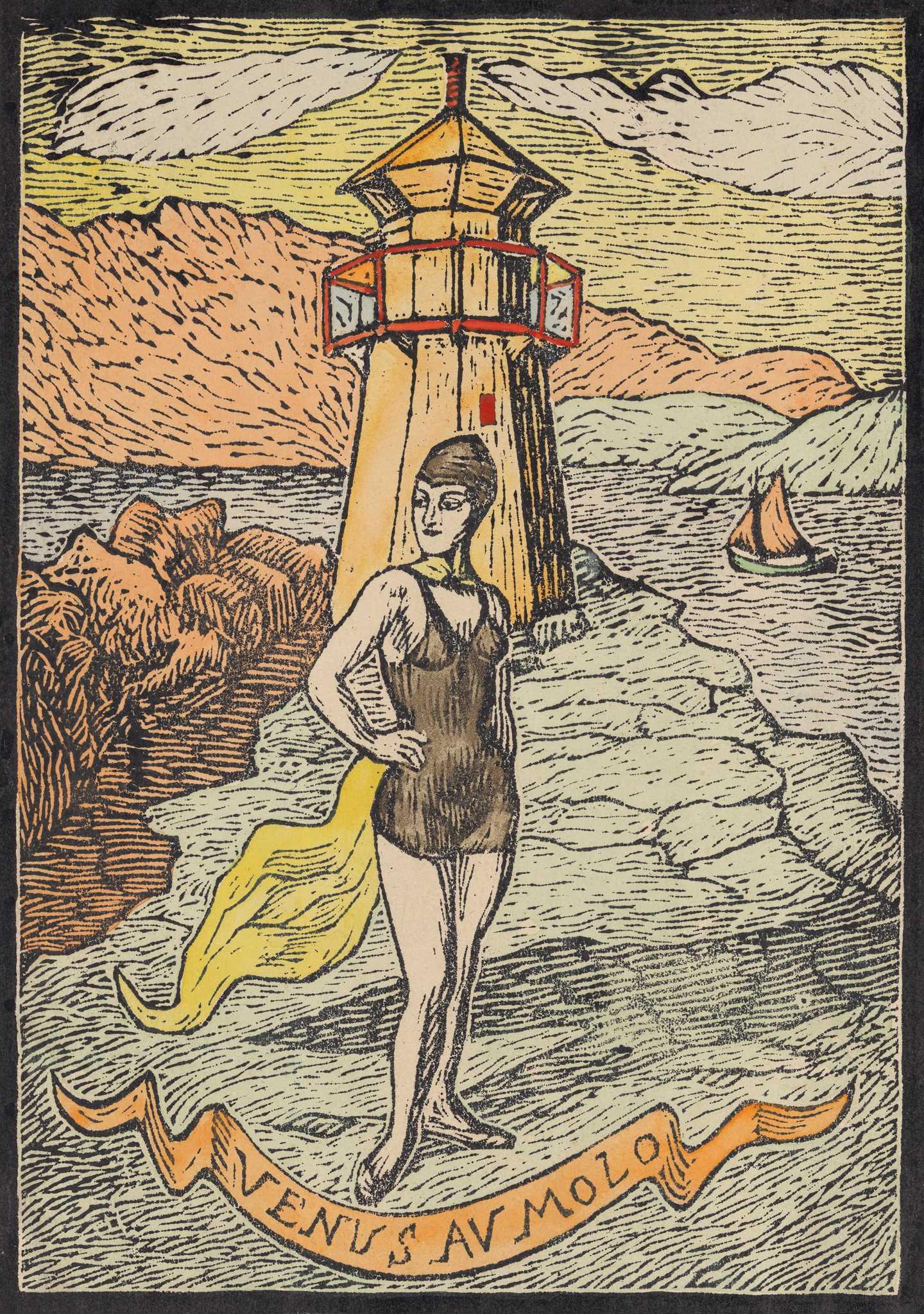 A woman in a swimsuit and swimming cap, with a flowing yellow cape fastened around her neck, stands beside a lighthouse on a rocky shore. In the background, the sea can be seen, with a sailing boat passing by. Woodcut.