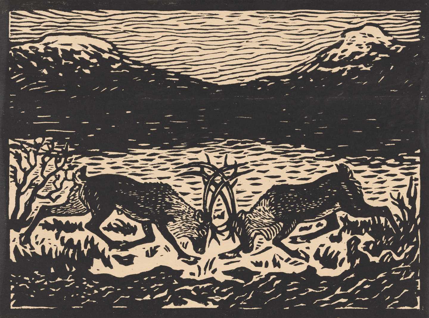 Two reindeer clash in a mountain landscape, their antlers locked together. In the background, two snow-capped mountain peaks can be seen. Woodcut.