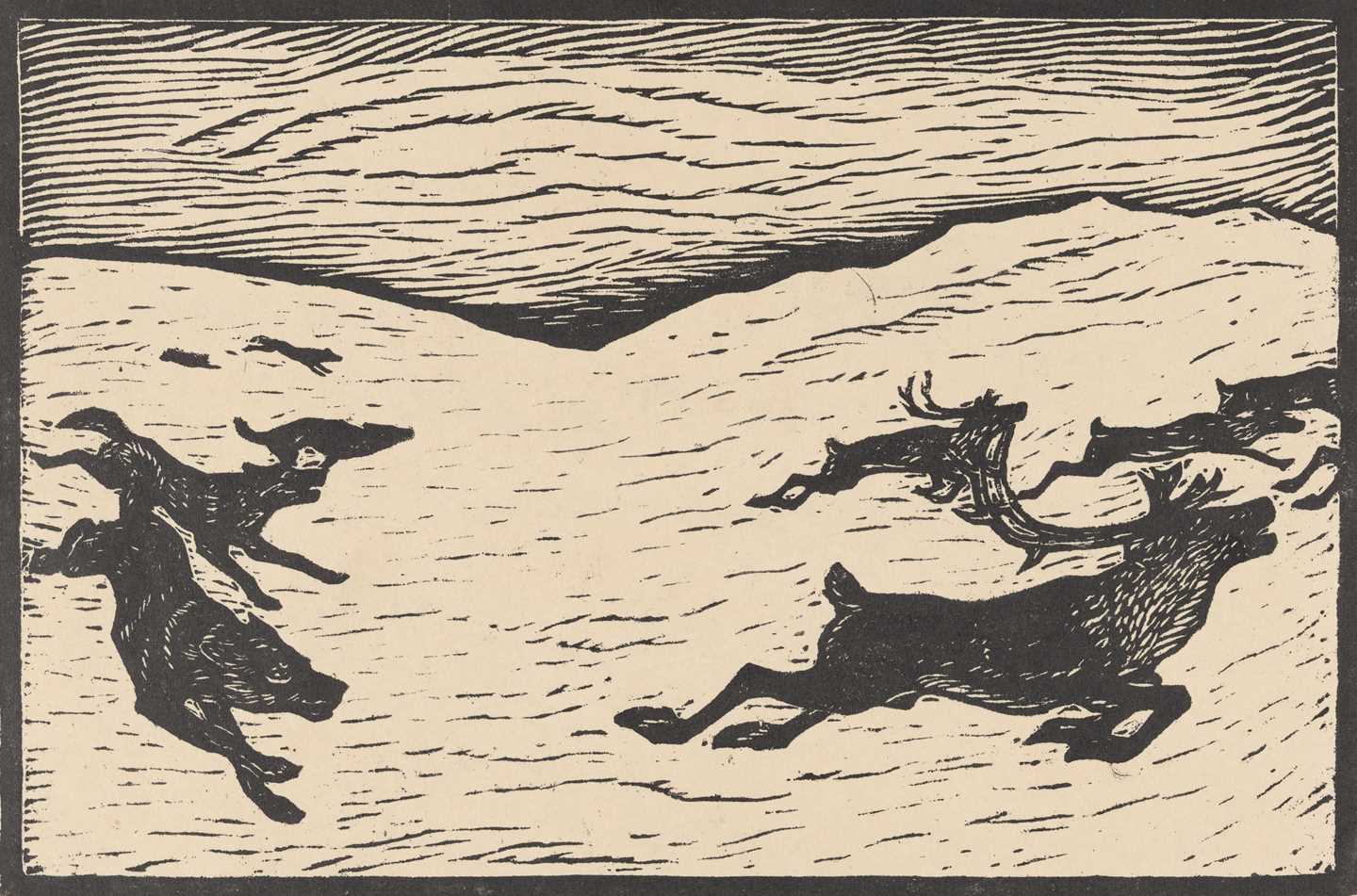 Snødekte vidder der en reinsflokk kommer løpende med flere ulver etter seg. Tresnitt