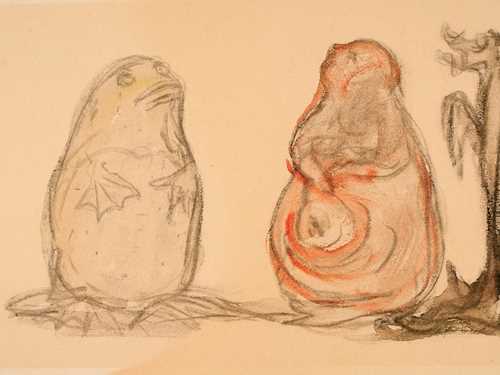 Tegningen viser en slags froskelignende figur med svømmeføtter, en tynn hund med lange ører og en mer griselignende skikkelse. Tegning.