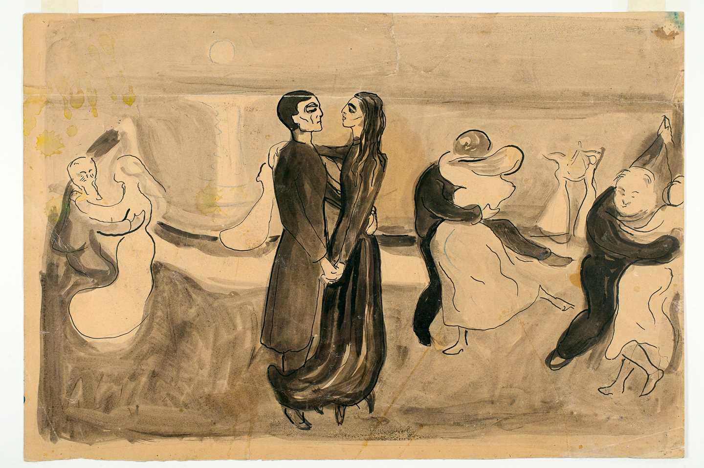 A group of people dance on a beach. In the centre of the image, a couple dressed in dark colours dance closely together. In the background, the moon is reflected in the water. Drawing.