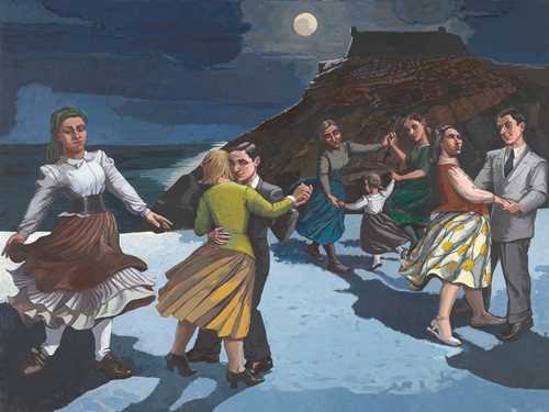 On a moonlit beach with a cliff in the background, several people are dancing — some in pairs, two with a child, and one woman alone. Painting.