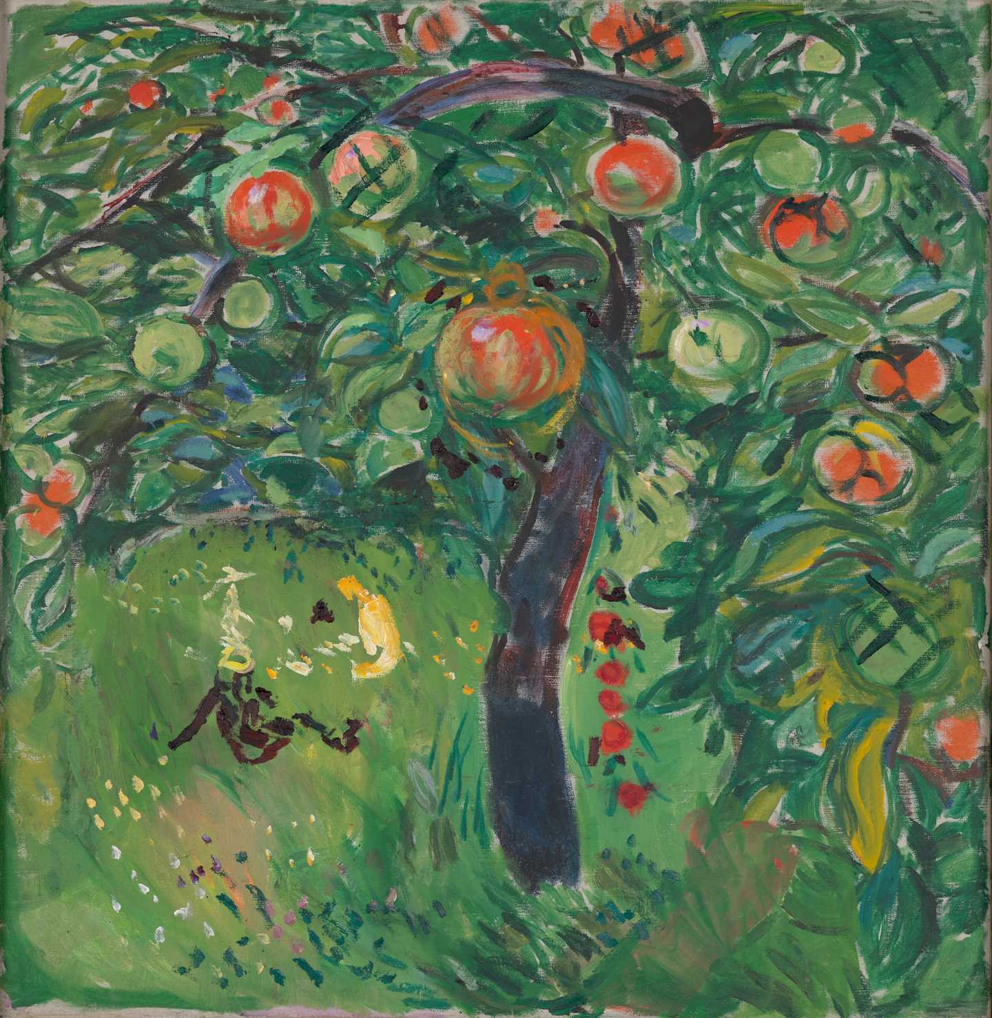 A green apple tree laden with both red and green apples. On the grassy slope beneath the tree sit what may be perceived as three people. Painting.