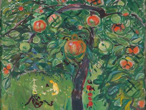A green apple tree laden with both red and green apples. On the grassy slope beneath the tree sit what may be perceived as three people. Painting.