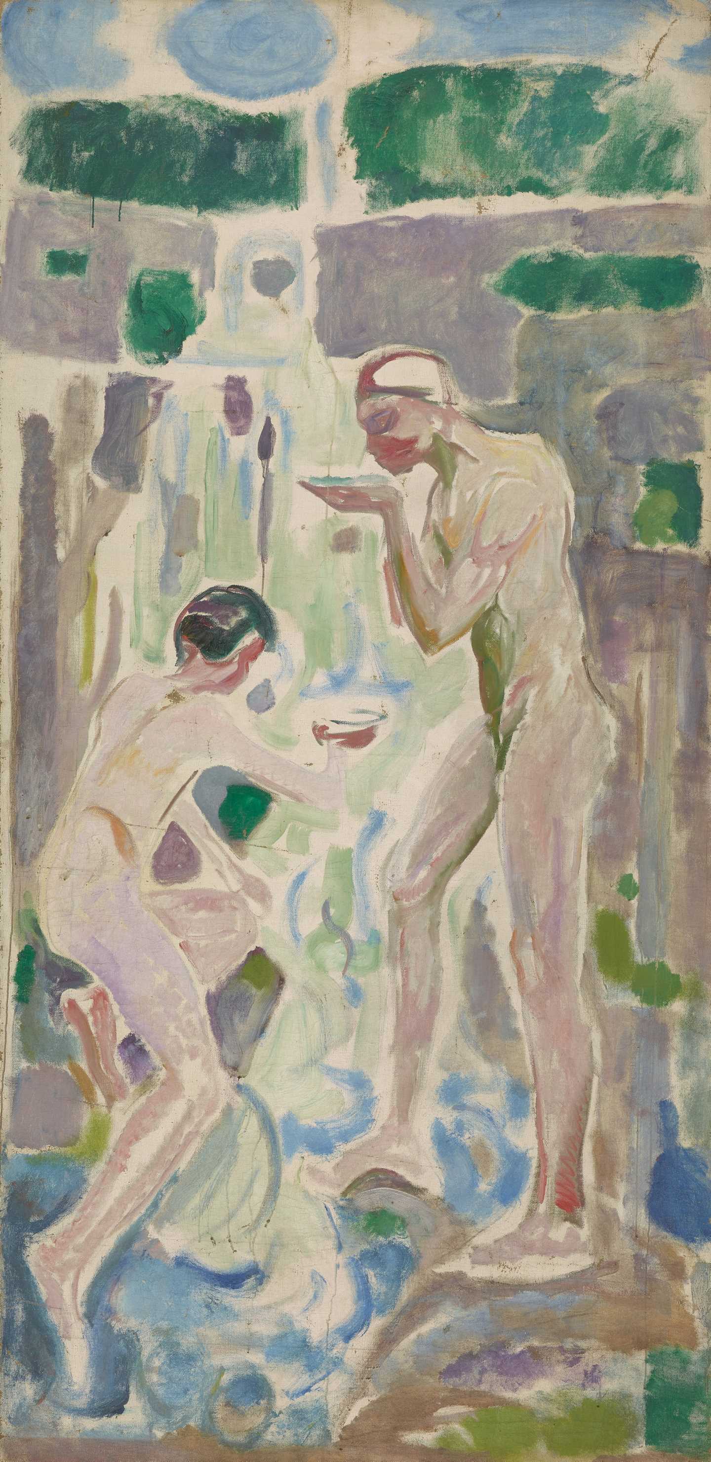 Two naked people drink water from their cupped hands, taken from a stream flowing down the rocky slope behind them. Painting.