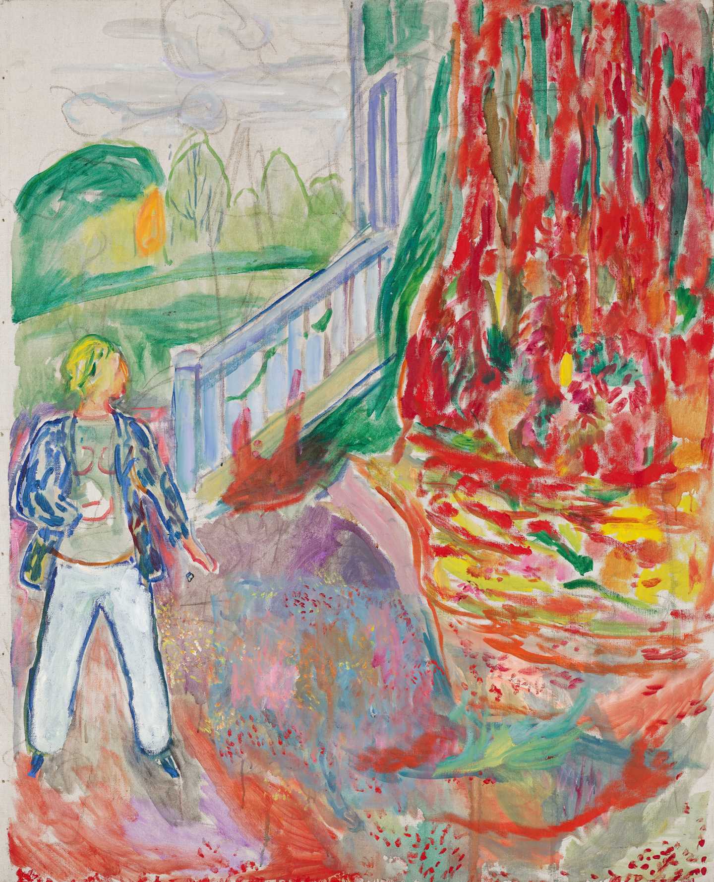 A woman wearing trousers stands at the foot of a veranda staircase, looking up at a house covered in Virginia creeper. Painting.