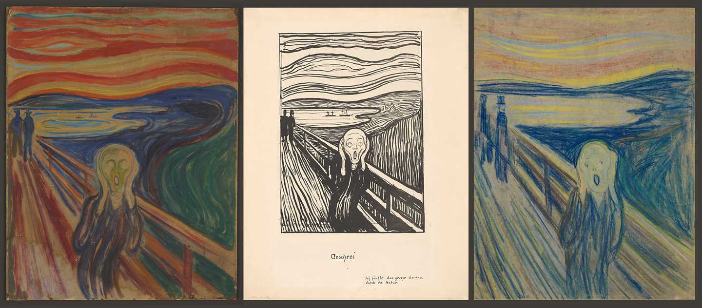 På MUNCH finner du tre versjoner av Edvard Munchs Skrik – et maleri, en tegning og et trykk. En av disse er alltid utstilt mens de to andre hviler i mørket.