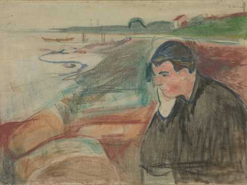 Edvard Munch: Aften. Melankoli. Olje, blyant og fargestift på lerret, 1891. Foto © Munchmuseet