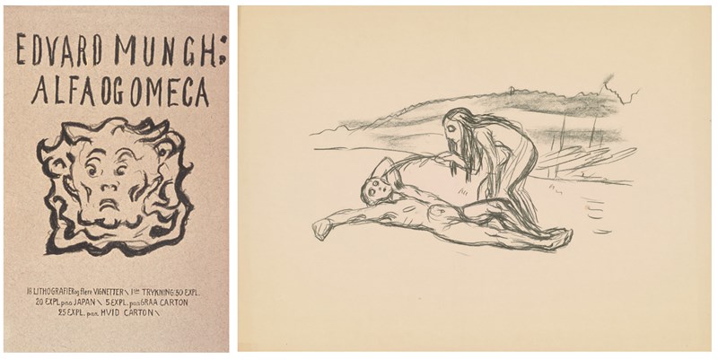 Left: Edvard Munch: Alfa og Omega. Litografi, 1908-09. Foto © Munchmuseet. Right: Edvard Munch: Alpha and Omega. Lithograph, 1908-09. Photo © Munchmuseet