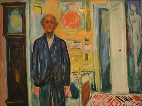 Edvard Munch: Selvportrett. Mellom klokken og sengen. Olje på lerret, 1940-43. Foto © Munchmuseet