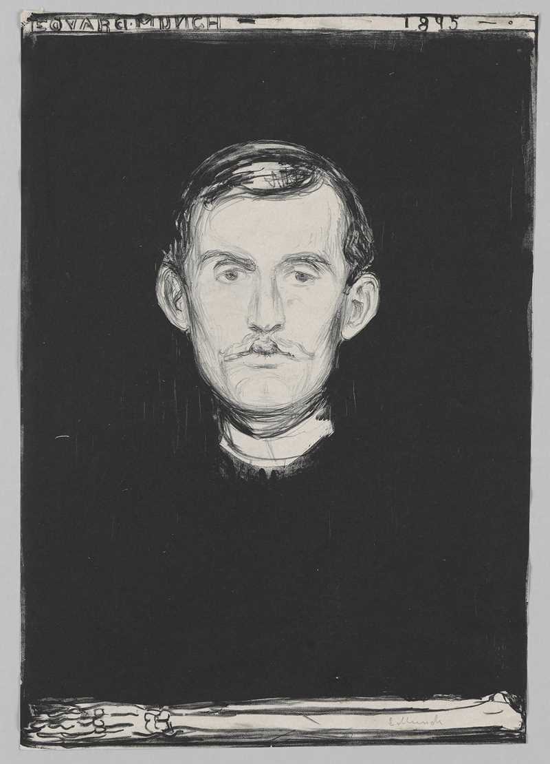 A black and white print showing a self-portrait by Edvard Munch. Only his head and left arm are visible. Otherwise, the image is black, as if the pale head is floating in the dark. Oddly enough, the arm and hand are depicted as bone.