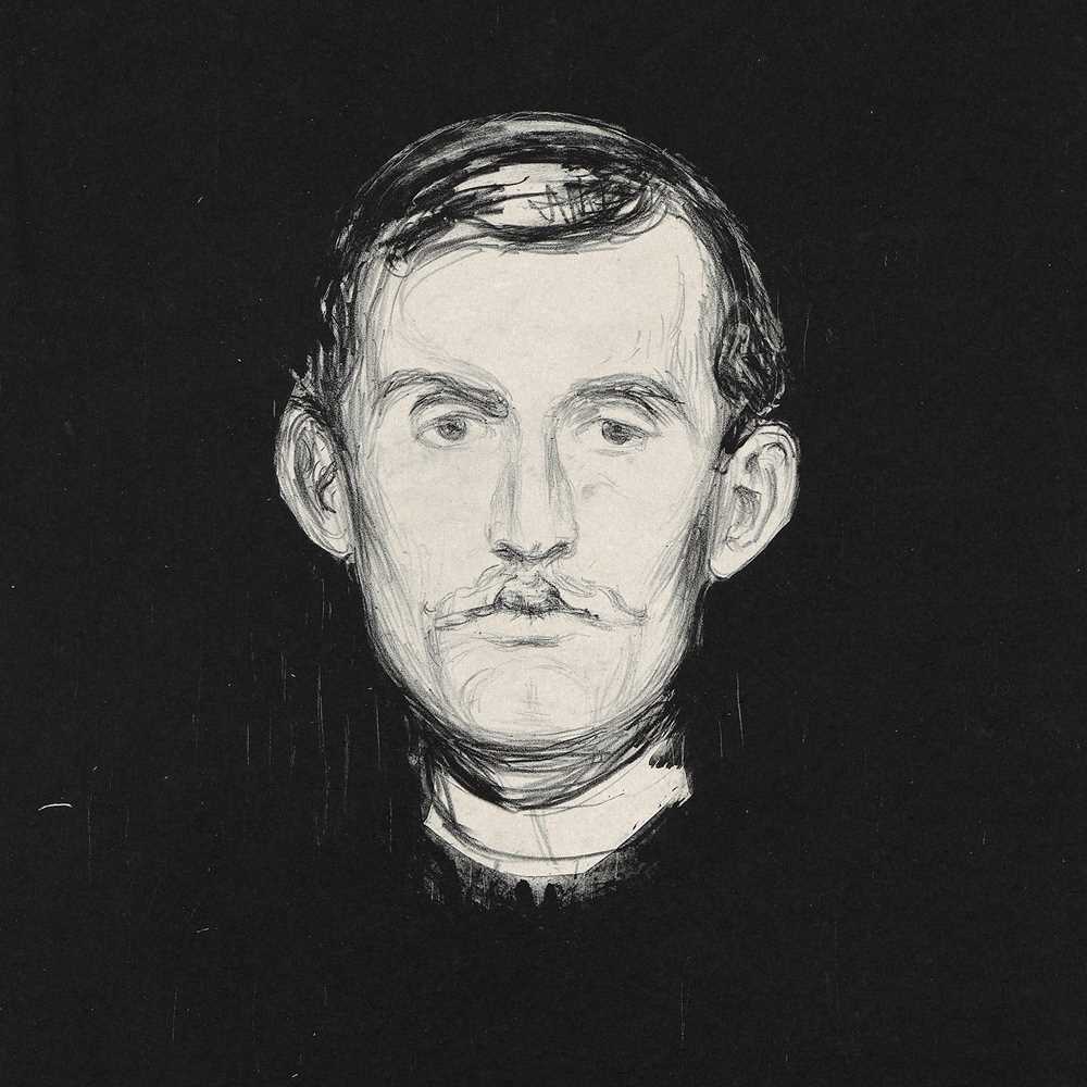 Edvard Munch: Selvportrett, 1895. Hodet til Edvard Munch i hvitt på svart bakgrunn. Hodet er vendt rett frem og ansiktsuttrykket ser litt slitent ut. Litografi