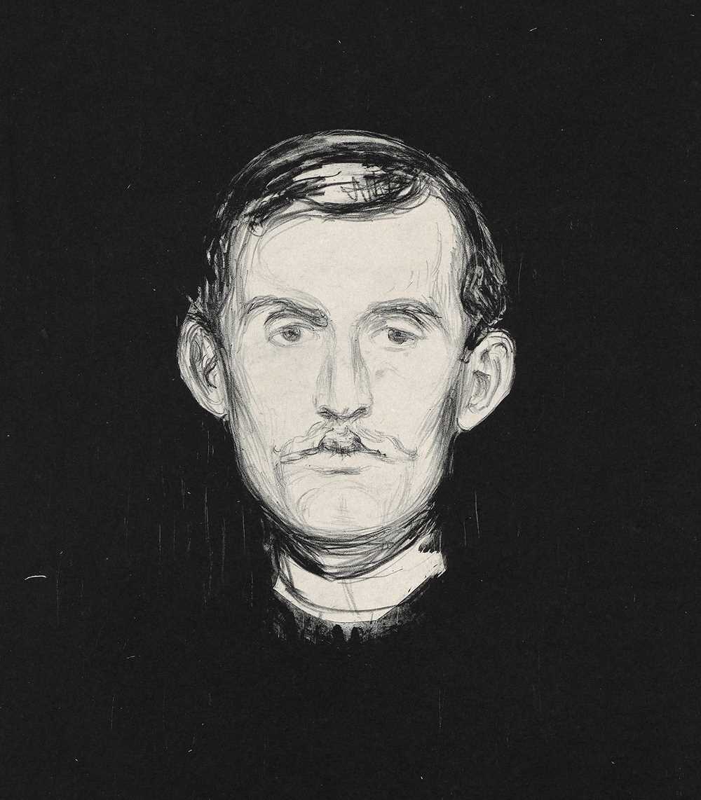 Edvard Munch: Selvportrett, 1895. Hodet til Edvard Munch i hvitt på svart bakgrunn. Hodet er vendt rett frem og ansiktsuttrykket ser litt slitent ut. Litografi